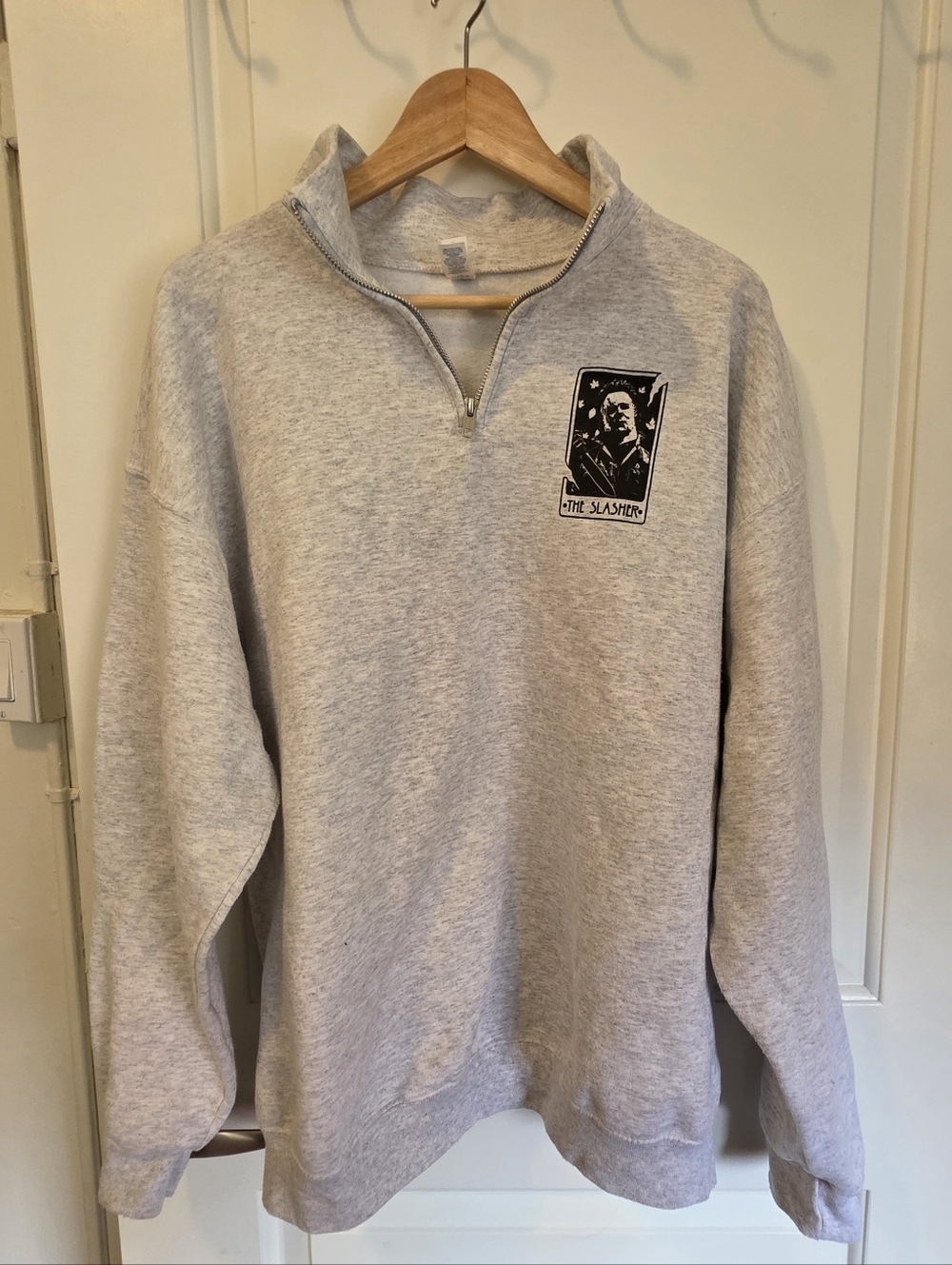 Gray Zip-Front Sweater With Mike Myers Design